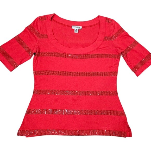St. John Top Shirt Womens M Red T-Shirt Rhinestones Embellished Short Sleeve - Picture 4 of 16